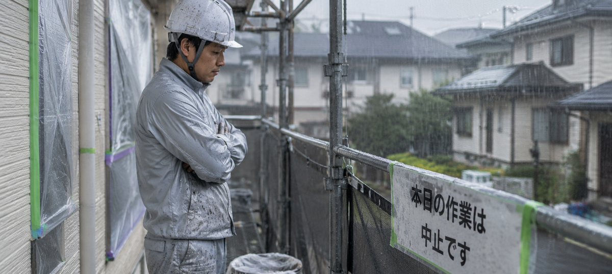 雨の日 外壁塗装 工事中断 イメージ