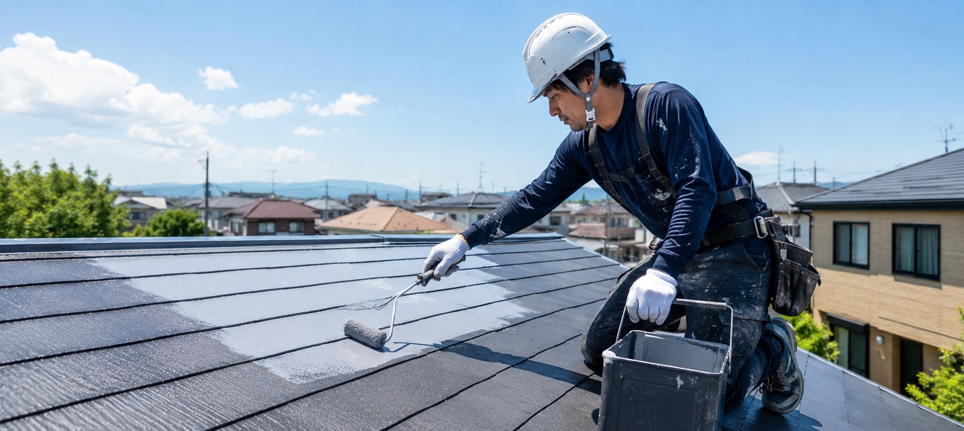 夏の屋根塗装と遮熱塗装の施工イメージ