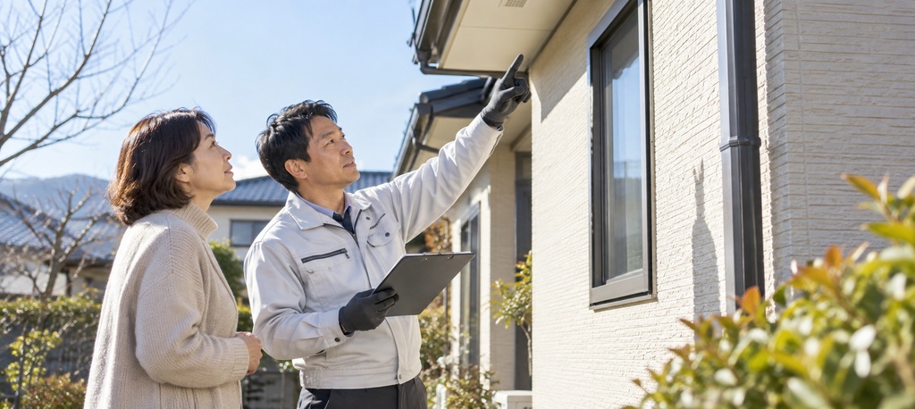 冬前に住宅の外壁と屋根を点検している様子